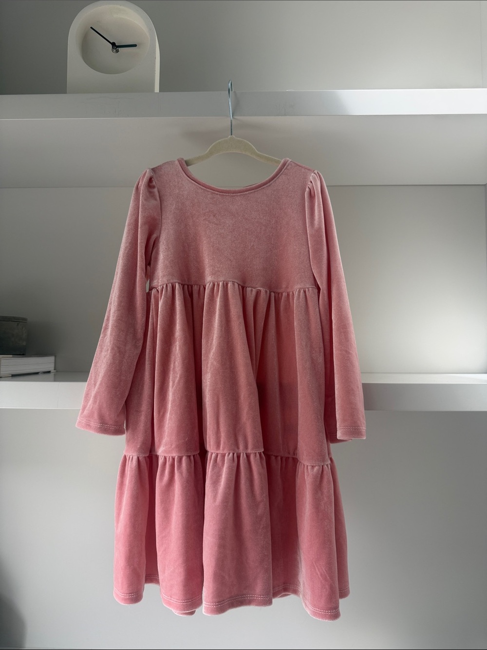 George Pink Velvet Tiered Long-Sleeve Dress